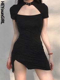 HEYounGIRL Harajuku noir moulante Mini robe femmes fendu côté licou robes courtes dames maigre manches été 220521
