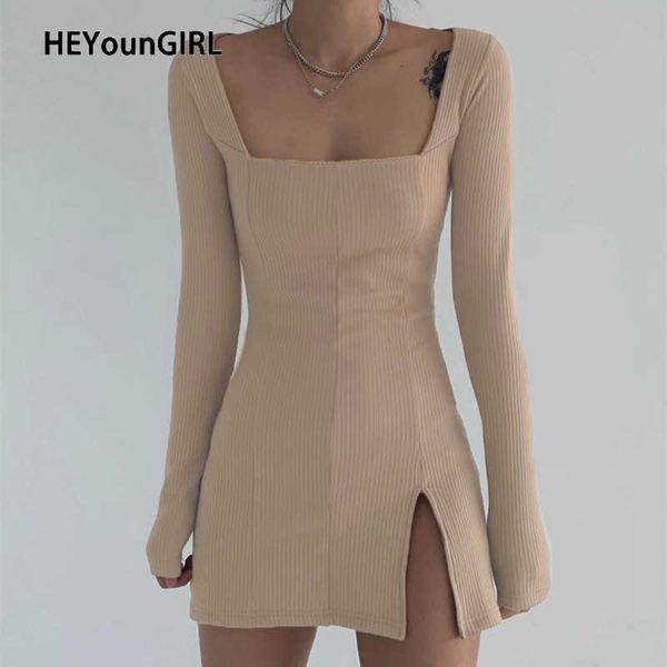 HEYounGIRL Split Side Solid Bodycon Mini Dress Femmes Col Carré Côtelé Casual Robes Courtes Dames À Manches Longues Mode Coréenne Y0603