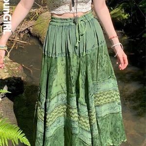 HEYounGIRL Vintage vert femmes jupe longue esthétique graphique imprimé taille haute mignon décontracté Midi jupes Grunge doux dame tenues 220701