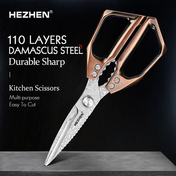 HEZHEN-Tijeras de cocina de acero damasco de 110 capas, tijeras de nogal para raspar escamas de pescado, herramientas de cocina multifuncionales 240122