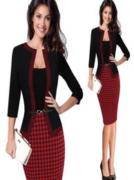 Hgte Womens Automne Retro Faux Veste One-Piece Polka Dot Contrast Patchwork Wear to Work Office Business Sheath Robe Y190529014978735