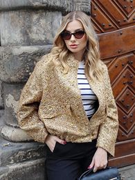 HH TRAF Autumn Sequins Golden Loose Jacket for Women Sparkle Long Sleeve Casual Bomber Jacket with Pockets Female Fashion Coats 240423