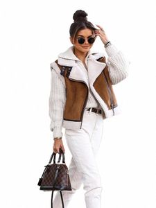 Hh TRAF femmes Faux cuir doublure polaire manches gilet court 2023 automne femme Fi chaud fermeture éclair épaissir gilets manteau G80M #