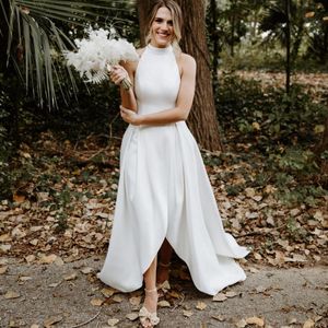 Hi Lo robe de mariée 2021 voile gratuit a-ligne Satin vestidos de novia haut bas robe de soirée de mariage col haut
