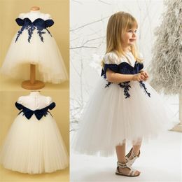 Hi Lo Vestidos de niña de las flores Joya Cuello Satén y Tul Apliques Faldas Vestidos para niñas Vestidos por encargo Cremallera Volver Niño Bithday Go196h