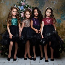 Salut Lo Robes De Filles De Fleur 2018 Paillettes Corsage Jupe En Tulle Noir À Manches Courtes Enfants Robes De Fête D'anniversaire Avec Arc Au Dos