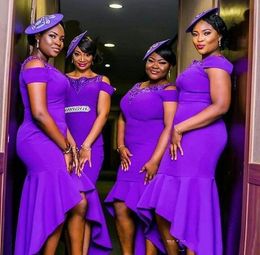 Hi-Lo Mermaid Purple bruidsmeisje jurken Afrikaanse Nigeriaanse kralen schep nek satijnen bruiloftsmeisje bruidsjurk formele jurken
