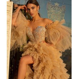Hi Lo Princess Dresses Off Shoulder Long Sleeves Sequins Multilayered Ruffles Evening Dress Custom Made Floor Length Party Gown ng