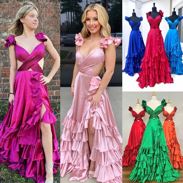 Hi-Lo Ruffle Hiver Robe De Soirée Formelle 2k24 Haut Bas Preteen Lady Pageant Bal Soirée Événement Hoco Gala Graduation Homecoming Robe De Danse Criss Cross Corsage Plissé Rouge