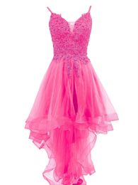Hi-Lo Robes de retour à la maison Spaghetti Appliques à col en V Deep Lace-Up A-Line Tulle Plus Taille Graduation Dress Prom Prom de soirée Forme HC14