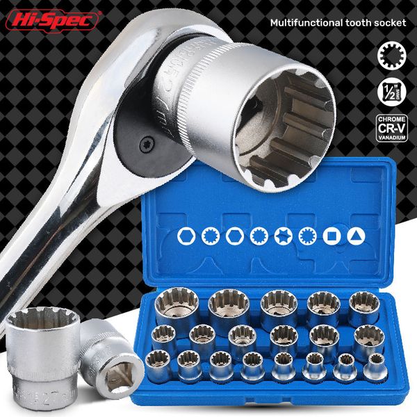 HI-Spec 19pc 12 puntos Torx Setket Set Socket CRV CRV Hex Torx Conjunto de zócalo de bits Splining Hex Socket Kit M8-M32