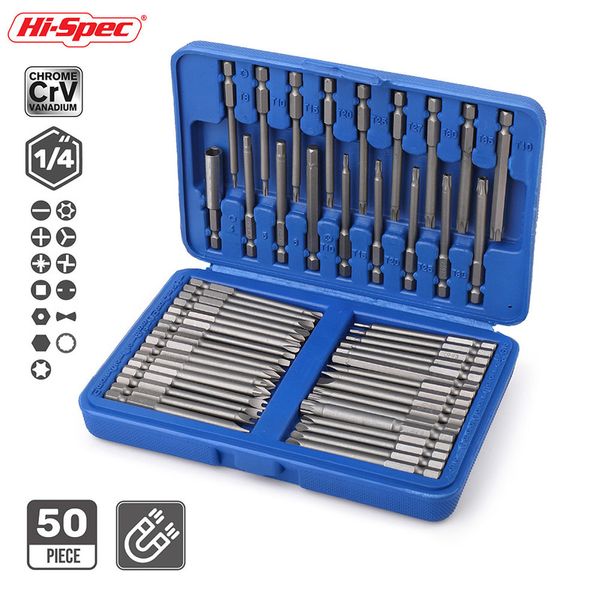 Hi-Spec 50pc 75mm Juego de puntas de destornillador magnético largo Cabezal de seguridad 1/4 s Kit Torx Star Hex Spline 220428