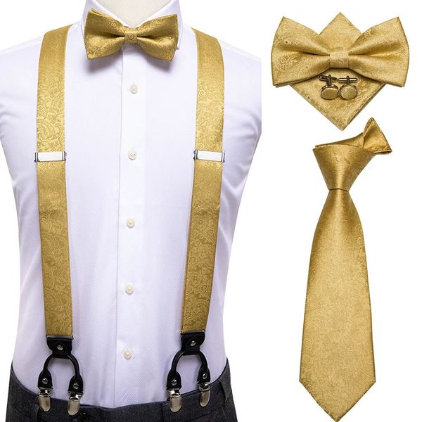 Hi-Tie 100% Seda Conjunto de tirantes para hombres adultos Cuero 6 Clips Tirantes Moda vintage Oro Floral Boda Tirantes y pajarita Set 240111