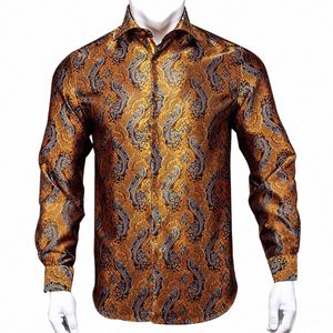 Hi-Tie 100% Soie Luxe Noir Or Broderie Paisley Dr Chemise Hommes Lg Manches Hommes Casual Butt-Down Chemises Outwear Cadeau S3tx #