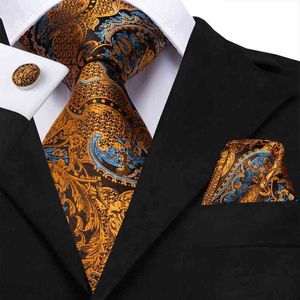 Hi-tie 100% Zijde Heren Bloemen Zwart Goud Stropdassen Paisley Stropdas Pocket Plein Manchetknopen Set mannen Bruiloft Stropdas