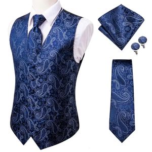 Hi-Tie 20 couleur soie hommes gilets cravate affaires robe formelle mince veste sans manches 4PC Hanky bouton de manchette bleu Paisley costume gilet 240104