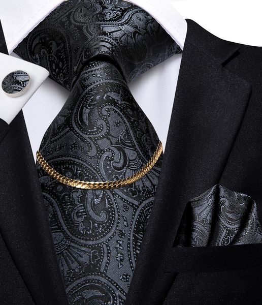 Hi-Tie Noir Classique Paisley Design Luxe Soie Hommes Cravate Cadeau Pour Hommes Cravate Mode Cravate Chaîne Hanky Boutons De Manchette Ensemble De Mariage 240124