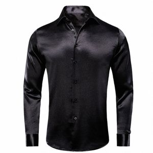 Salut-cravate Noir Solide Hommes Lg Manches Plaine Satin Soie Dr Chemise Casual Formelle Busin Blouse Chemise De Luxe Design Hommes Vêtements 40Bz #