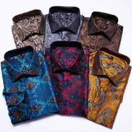 Hi-tie blauwe heren shirts paisley bloemen zijden gouden lange mouw casual shirts voor mannen jacquard mannelijke zakelijke feest trouwjurk 240304