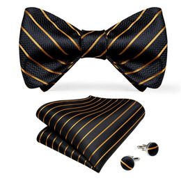 Hi-Tie Bow Tie Set Luxury Black Gold Striped Silk Self Bow Tie para hombres Drop LH-0093273R