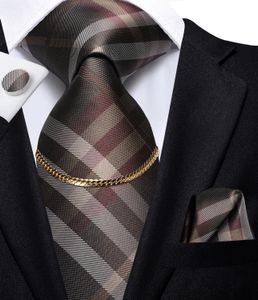 Hi-tie Brown Plaid Business Mens Tie Silk Luxe Nickties Fashion Tie Chain Hanky Cufflinks Set Design Gift voor mannen Wedding 240323