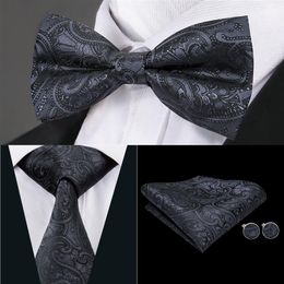 Hi-tie Classic Mens Tie Black Floral Silk Woven Bowtie met zakdoekhichartbeganches voor heren trouwjurk Fashion Suit LH-0718 D-1276E