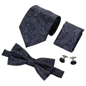 Hi-Tie Classic Mens Tie Black Floral Silk Woven Bowtie con pañuelo Gemelos para hombre Vestido de novia Traje de moda