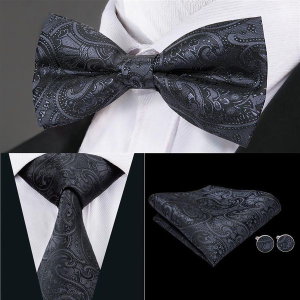 Hi-Tie Classic Mens Tie Black Floral Silk Woven Bowtie con pañuelo Gemelos para hombre Vestido de novia Traje de moda LH-0718 D-12854