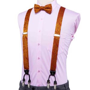 Hi-tie designer luxe bruiloft jarretel en strikje set voor mannen volwassen vintage mode bruin goud paisley beugels metalen 6 clips