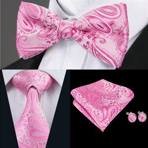 Hi-Tie Mode Heren Stropdas Roze Bloemen Bowtie Geweven Met Zakdoek Manchetknopen Voor Heren Trouwjurk Pak LH-0702 D-0379257q