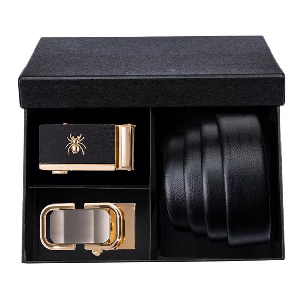 Hi-Tie-Cinturón automático de cuero genuino para hombre, elegante hebilla dorada de diseñador, color negro, para pantalones vaqueros de negocios, cinturones con correa de trinquete