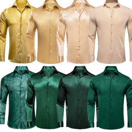 Hi-Tie Chemises de luxe en soie pour hommes à manches longues, coupe ajustée, chemise à revers pour hommes, chemisier vert doré, plage hawaïenne, cadeaux d'affaires de mariage 240127