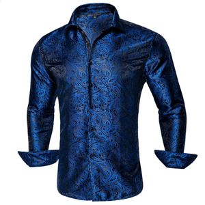 Hi-Tie Bleu Marine Or Paisley Floral Hommes Chemise En Soie À Manches Longues Chemise Décontractée Pour Hommes Jacquard Mâle Business Party Robe De Mariée 240304