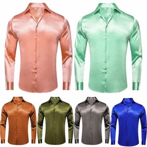 Salut-cravate Plaine Satin Soie Hommes Dr Chemises Lg Costume À Manches Chemise Casual Blouse Formelle Pure Solide Rose Or Pêche Rose Menthe Blanc P5gd #