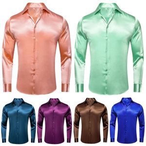 Hi-Tie Plaine Satin Soie Hommes Chemises Habillées À Manches Longues Costume Chemise Casual Chemisier Formel Pur Solide Or Rose Pêche Rose Menthe Blanc 240229