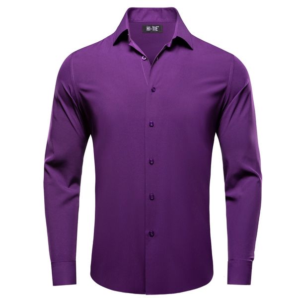 Hi-Tie Plaine Solide Soie Chemises Pour Hommes Violet À Manches Longues Revers Robe Costume Chemise Chemisier Micro Élastique Confortable Mariage Affaires 240126