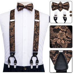 Hi-Tie Silk Adult Mens suspenders Set Leather Metal 6 Clips Braces Gold Brown Floral Vintage Men Fashion Wedding Suspenders Men