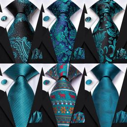 Cravate de soie haute œuvre pour hommes Elegant Mens Teal Blue Coldie Pocket Square Couffle Link accessoire de mariage concepteur de gros 240528