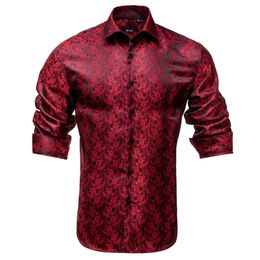 Hi-tie wijn Bourgundy Paisley Floral Silk Mens Shirtlong Sleeve Casual shirts voor mannen Jacquard mannelijk zakelijke feest trouwjurk 240304