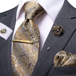 Hi-tie amarillo marrón paisley seda de seda clip región para hombres para hombres corbata pañuelo de pañuelos set boda formal