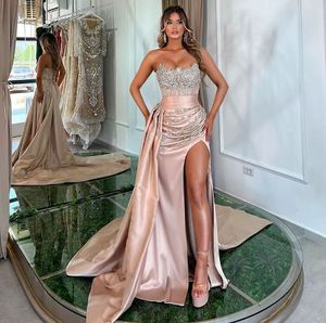 Hiah split prom jurken met rok zeemeermin naakt sexy strapless kristal kralen avondjurken voor vrouwen feest