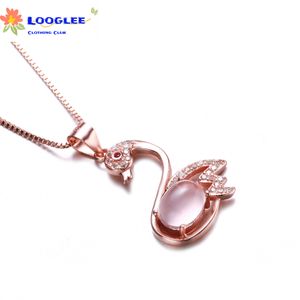 Hibiscus Stone Swan Pendant Necklace: Natural Pink Crystal, 925 Plated Rose Gold