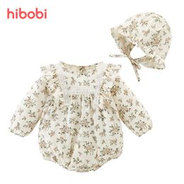 hibobi 2 pc's baby kanten ruche schattig meisje romper met hoed sets baby vintage bloemen jumpsuit peuter babymeisje clohtes 220525