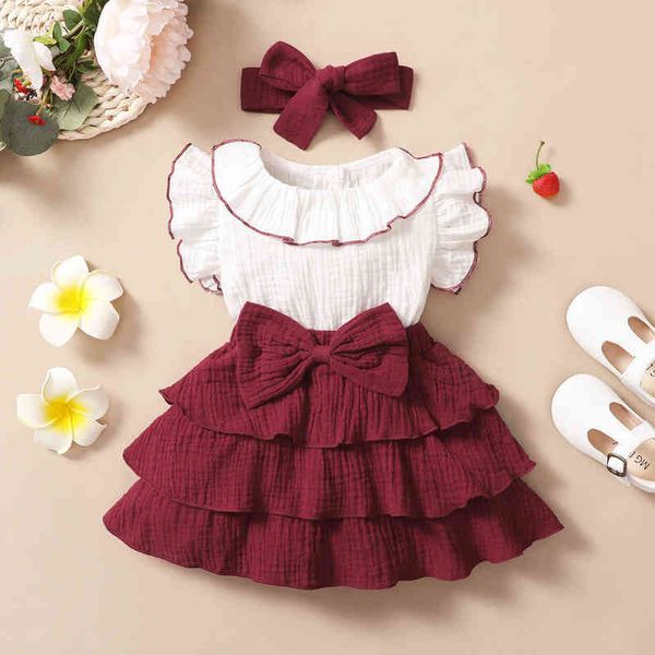 Hibobi bébé filles robe enfant en bas âge fille vêtements ensemble 2 pièces bébé nœud papillon volants robes mignon sans manches coton nouveau-né princesse robe Y220510