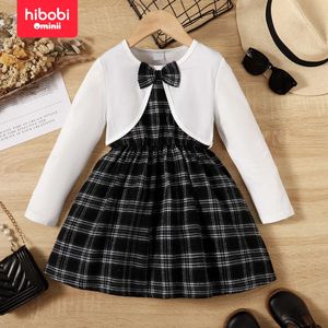 Hibobi Toddler Girls Fake Two-Shiced Spliced Spliced Long à manches robe à la mode hivernale et confortable Jupe à carreaux L2405