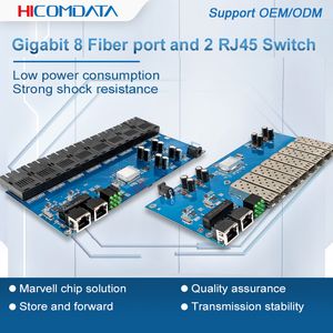 Hicomdata Gigabit Ethernet Fiber Switch Media Converter 8 Vezelpoort 2 RJ45 Vezelpoort Optische transceiver SFP 20km SC SC Single Mode DC 12V 1000m PCBA