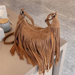 Hifashion rétro daim frangé Hobo sacs à bandoulière pour femmes tendance sac à bandoulière design dames sacs à main noir marron bleu 231226