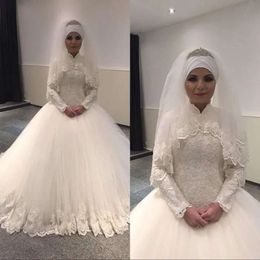 Vestidos de pelota de vestidos musulmanes altos 2020 Apliques de encaje con vestidos de boda longitudes de altura con cuentas Vestido de novia S