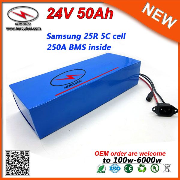 Batería de iones de litio de 24V y alta velocidad de 5C, batería con carcasa de PVC de litio de 24V y 50Ah para motor de 6000W utilizado en celdas Samsung 25R con BMS de 250A