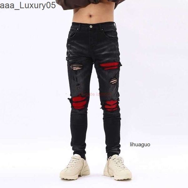 High amari Handsome amirl Brand amirlies am Street amis ies imiri Black amiiri Designer Fashion Clothing New ires Fashion Jeans Denim Pants Red Fleece Patch Hol LXXB